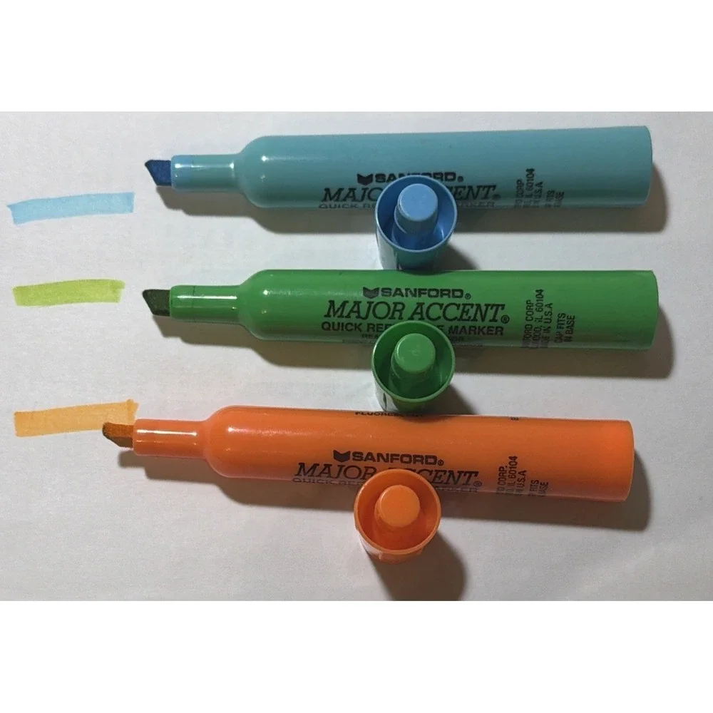 Vintage Sanford Major Accent Highlighters Set Broad Point Dk Blue Lt Blue Orange